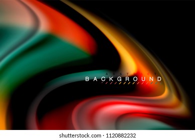 Fluid liquid glowing colors design, colorful marble or plastic wavy texture background, glowing multicolored elements on black, for business or technology presentation or web brochure cover design