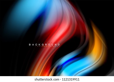 Flüssige flüssige Farben, bunter Marmor oder plastischer Wavy-Texturhintergrund, leuchtende mehrfarbige Elemente auf Schwarz, für Geschäfts- oder Technologiepräsentation oder Webbroschürendesign