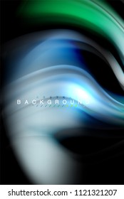 Fluid liquid glowing colors design, colorful marble or plastic wavy texture background, glowing multicolored elements on black, for business or technology presentation or web brochure cover design
