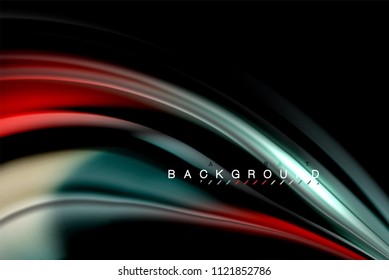 Fluid liquid glowing colors design, colorful marble or plastic wavy texture background, glowing multicolored elements on black, for business or technology presentation or web brochure cover design