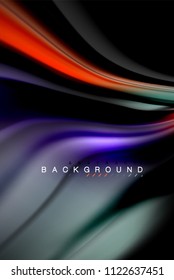 Fluid liquid glowing colors design, colorful marble or plastic wavy texture background, glowing multicolored elements on black, for business or technology presentation or web brochure cover design