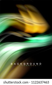 Fluid liquid glowing colors design, colorful marble or plastic wavy texture background, glowing multicolored elements on black, for business or technology presentation or web brochure cover design