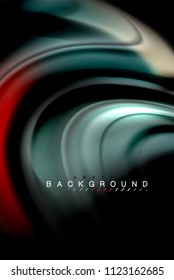Flüssige flüssige Farben, bunter Marmor oder plastischer Wavy-Texturhintergrund, leuchtende mehrfarbige Elemente auf Schwarz, für Geschäfts- oder Technologiepräsentation oder Webbroschürendesign