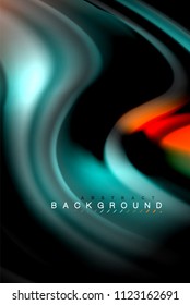 Fluid liquid glowing colors design, colorful marble or plastic wavy texture background, glowing multicolored elements on black, for business or technology presentation or web brochure cover design