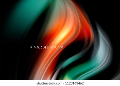 Flüssige flüssige Farben, bunter Marmor oder plastischer Wavy-Texturhintergrund, leuchtende mehrfarbige Elemente auf Schwarz, für Geschäfts- oder Technologiepräsentation oder Webbroschürendesign