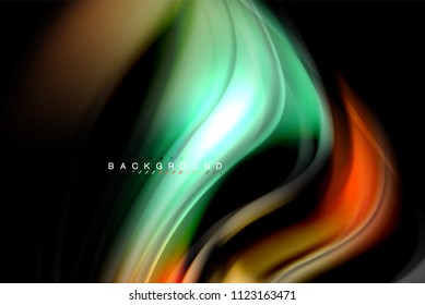 Fluid liquid glowing colors design, colorful marble or plastic wavy texture background, glowing multicolored elements on black, for business or technology presentation or web brochure cover design