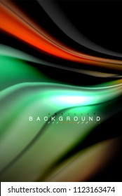 Fluid liquid glowing colors design, colorful marble or plastic wavy texture background, glowing multicolored elements on black, for business or technology presentation or web brochure cover design