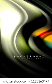 Fluid liquid glowing colors design, colorful marble or plastic wavy texture background, glowing multicolored elements on black, for business or technology presentation or web brochure cover design