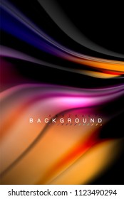 Flüssige flüssige Farben, bunter Marmor oder plastischer Wavy-Texturhintergrund, leuchtende mehrfarbige Elemente auf Schwarz, für Geschäfts- oder Technologiepräsentation oder Webbroschürendesign