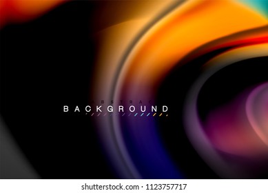 Fluid liquid glowing colors design, colorful marble or plastic wavy texture background, glowing multicolored elements on black, for business or technology presentation or web brochure cover design