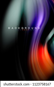 Fluid liquid glowing colors design, colorful marble or plastic wavy texture background, glowing multicolored elements on black, for business or technology presentation or web brochure cover design