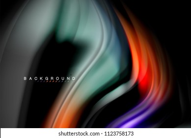 Fluid liquid glowing colors design, colorful marble or plastic wavy texture background, glowing multicolored elements on black, for business or technology presentation or web brochure cover design