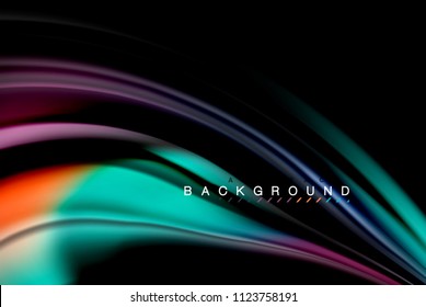 Fluid liquid glowing colors design, colorful marble or plastic wavy texture background, glowing multicolored elements on black, for business or technology presentation or web brochure cover design