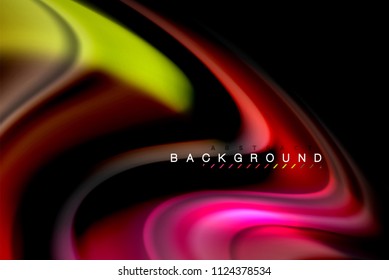Fluid liquid glowing colors design, colorful marble or plastic wavy texture background, glowing multicolored elements on black, for business or technology presentation or web brochure cover design