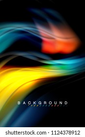 Fluid liquid glowing colors design, colorful marble or plastic wavy texture background, glowing multicolored elements on black, for business or technology presentation or web brochure cover design