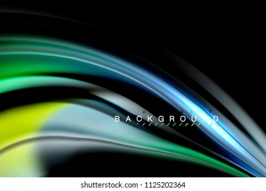 Fluid liquid glowing colors design, colorful marble or plastic wavy texture background, glowing multicolored elements on black, for business or technology presentation or web brochure cover design