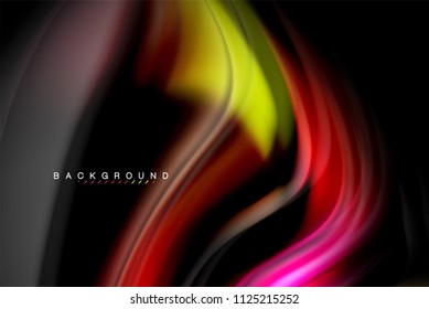 Fluid liquid glowing colors design, colorful marble or plastic wavy texture background, glowing multicolored elements on black, for business or technology presentation or web brochure cover design