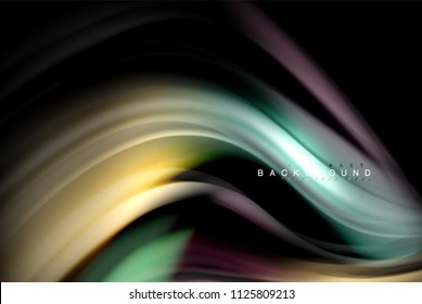Fluid liquid glowing colors design, colorful marble or plastic wavy texture background, glowing multicolored elements on black, for business or technology presentation or web brochure cover design
