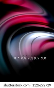 Fluid liquid glowing colors design, colorful marble or plastic wavy texture background, glowing multicolored elements on black, for business or technology presentation or web brochure cover design