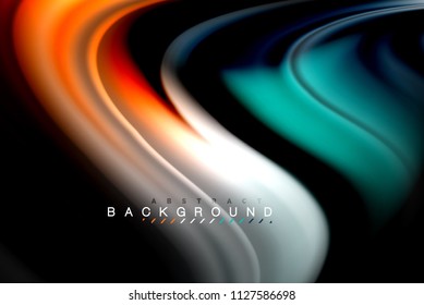 Fluid liquid glowing colors design, colorful marble or plastic wavy texture background, glowing multicolored elements on black, for business or technology presentation or web brochure cover design