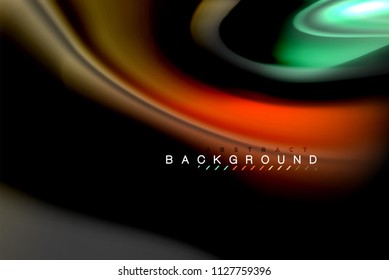 Fluid liquid glowing colors design, colorful marble or plastic wavy texture background, glowing multicolored elements on black, for business or technology presentation or web brochure cover design