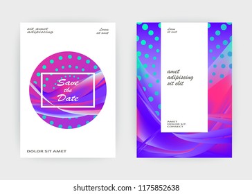 Fluid liquid shapes composition. Wavy geometric background. Colorful abstract backdrop. Halftone circles elements. Trendy gradient waves template vector Poster Layout Magazine Flyer