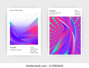 Fluid liquid shapes composition. Wavy geometric background. Colorful abstract backdrop. Halftone circles elements. Trendy gradient waves template vector Poster Layout Magazine Flyer