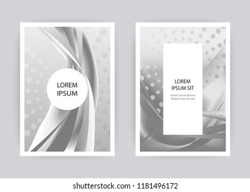 Fluid liquid shapes composition. Wavy geometric background. Monochrome grey abstract backdrop. Halftone circles elements. Gradient wave template vector Poster Layout Magazine Flyer