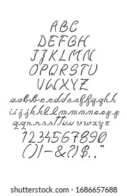 Fuente compleja con aspecto fluido con majuscules, minuscules, números y signos ortográficos.