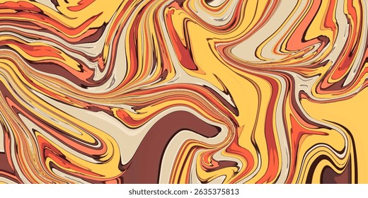 Padrão de espiral de mármore fluido em tons vibrantes de amarelo, laranja e marrom, apresentando linhas orgânicas e onduladas que criam uma sensação de movimento dinâmico.