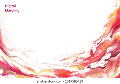 Fluid marble texture background in red  colors. White space and flame or color splashes. Vector illustration for graphic design.  Horizontal vector wallpaper. Fluid art, digital marbling