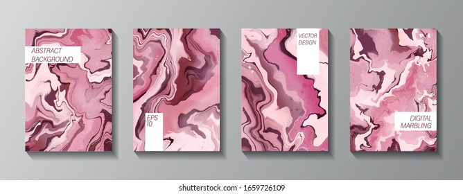 Fluid marble texture set. Vector abstract background in pink colors. Set of cards for print and web design eps 10