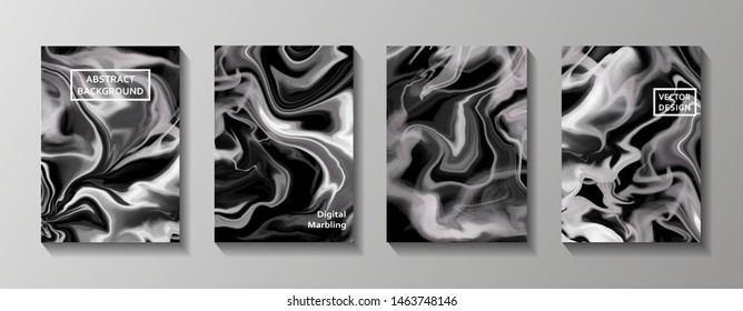 Fluid marble textures set. Vector black and white abstract background with fume. Set of cards for print and web design