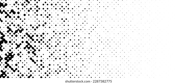 Fluid Metaball Random Circles Fade Effect. Halftone Raster Random Gradation Pattern. Pop-Art Halftone Gradient. Dissolve Effect. Vector Illustration. Dynamic Retro Background.