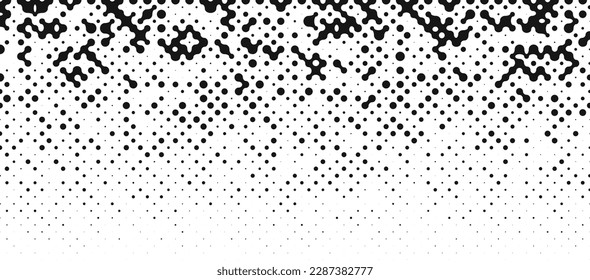 Fluid Metaball Random Circles Fade Effect. Halftone Raster Random Gradation Pattern. Pop-Art Halftone Gradient. Dissolve Effect. Vector Illustration. Dynamic Retro Background.