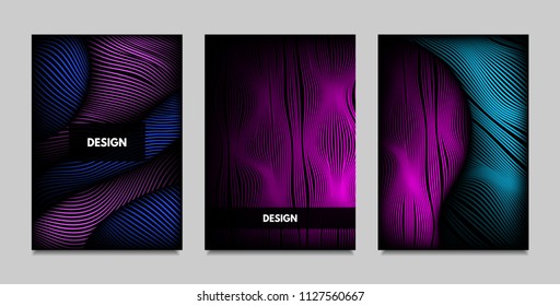 Fluid Metallic Shapes Abstraction. Covers with Trendy Vibrant Gradient and Movement Effect. Abstract Wavy Geometry. Vector Templates with Distortion of Lines. Fluid Shapes for Business Presentation.