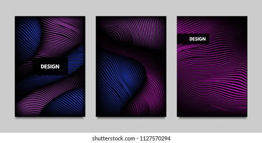 Fluid Metallic Shapes Abstraction. Covers with Trendy Vibrant Gradient and Movement Effect. Abstract Wavy Geometry. Vector Templates with Distortion of Lines. Fluid Shapes for Business Presentation.