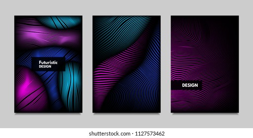 Fluid Metallic Shapes Abstraction. Covers with Trendy Vibrant Gradient and Movement Effect. Abstract Wavy Geometry. Vector Templates with Distortion of Lines. Fluid Shapes for Business Presentation.