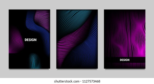 Fluid Metallic Shapes Abstraction. Covers with Trendy Vibrant Gradient and Movement Effect. Abstract Wavy Geometry. Vector Templates with Distortion of Lines. Fluid Shapes for Business Presentation.