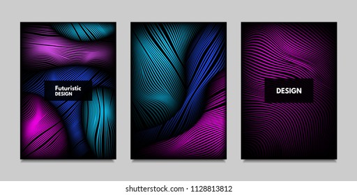 Fluid Metallic Shapes Abstraction. Covers with Trendy Vibrant Gradient and Movement Effect. Abstract Wavy Geometry. Vector Templates with Distortion of Lines. Fluid Shapes for Business Presentation.