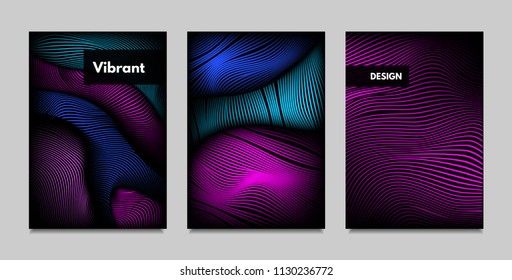 Fluid Metallic Shapes Abstraction. Covers with Trendy Vibrant Gradient and Movement Effect. Abstract Wavy Geometry. Vector Templates with Distortion of Lines. Fluid Shapes for Business Presentation.