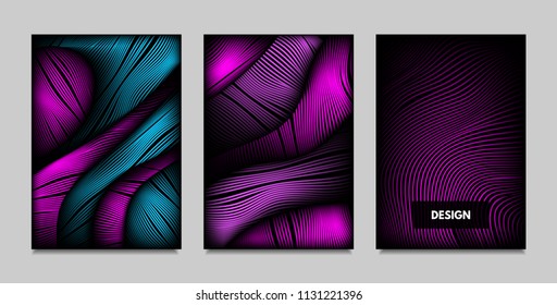Fluid Metallic Shapes Abstraction. Covers with Trendy Vibrant Gradient and Movement Effect. Abstract Wavy Geometry. Vector Templates with Distortion of Lines. Fluid Shapes for Business Presentation.