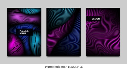 Fluid Metallic Shapes Abstraction. Covers with Trendy Vibrant Gradient and Movement Effect. Abstract Wavy Geometry. Vector Templates with Distortion of Lines. Fluid Shapes for Business Presentation.
