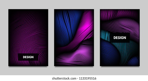 Fluid Metallic Shapes Abstraction. Covers with Trendy Vibrant Gradient and Movement Effect. Abstract Wavy Geometry. Vector Templates with Distortion of Lines. Fluid Shapes for Business Presentation.