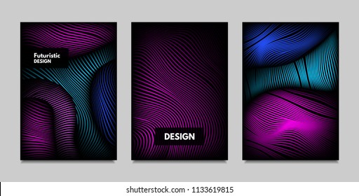 Fluid Metallic Shapes Abstraction. Covers with Trendy Vibrant Gradient and Movement Effect. Abstract Wavy Geometry. Vector Templates with Distortion of Lines. Fluid Shapes for Business Presentation.