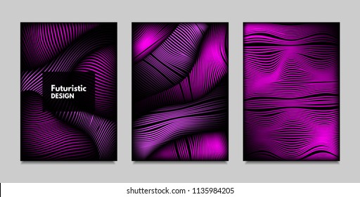 Fluid Metallic Shapes Abstraction. Covers with Trendy Vibrant Gradient and Movement Effect. Abstract Wavy Geometry. Vector Templates with Distortion of Lines. Fluid Shapes for Business Presentation.