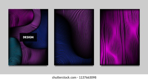 Fluid Metallic Shapes Abstraction. Covers with Trendy Vibrant Gradient and Movement Effect. Abstract Wavy Geometry. Vector Templates with Distortion of Lines. Fluid Shapes for Business Presentation.