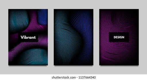 Fluid Metallic Shapes Abstraction. Covers with Trendy Vibrant Gradient and Movement Effect. Abstract Wavy Geometry. Vector Templates with Distortion of Lines. Fluid Shapes for Business Presentation.