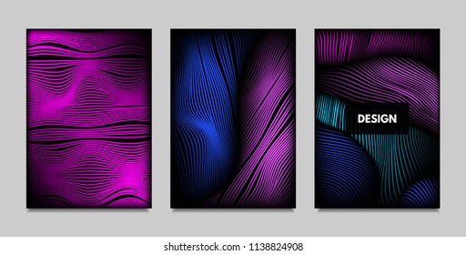 Fluid Metallic Shapes Abstraction. Covers with Trendy Vibrant Gradient and Movement Effect. Abstract Wavy Geometry. Vector Templates with Distortion of Lines. Fluid Shapes for Business Presentation.