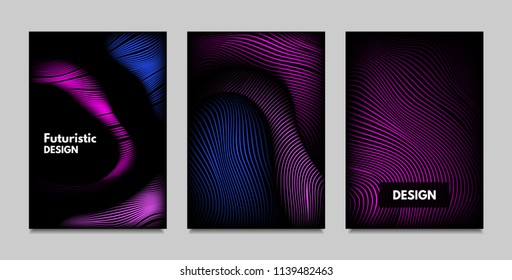 Fluid Metallic Shapes Abstraction. Covers with Trendy Vibrant Gradient and Movement Effect. Abstract Wavy Geometry. Vector Templates with Distortion of Lines. Fluid Shapes for Business Presentation.